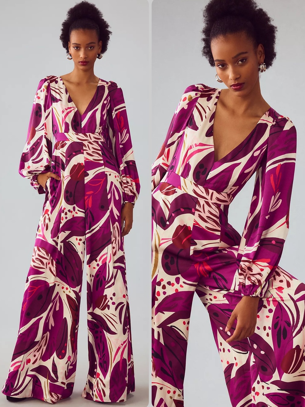Hutch x Anthropologie Satin Abstract Print V-Neck Wide-Leg Jumpsuit NWOT $228